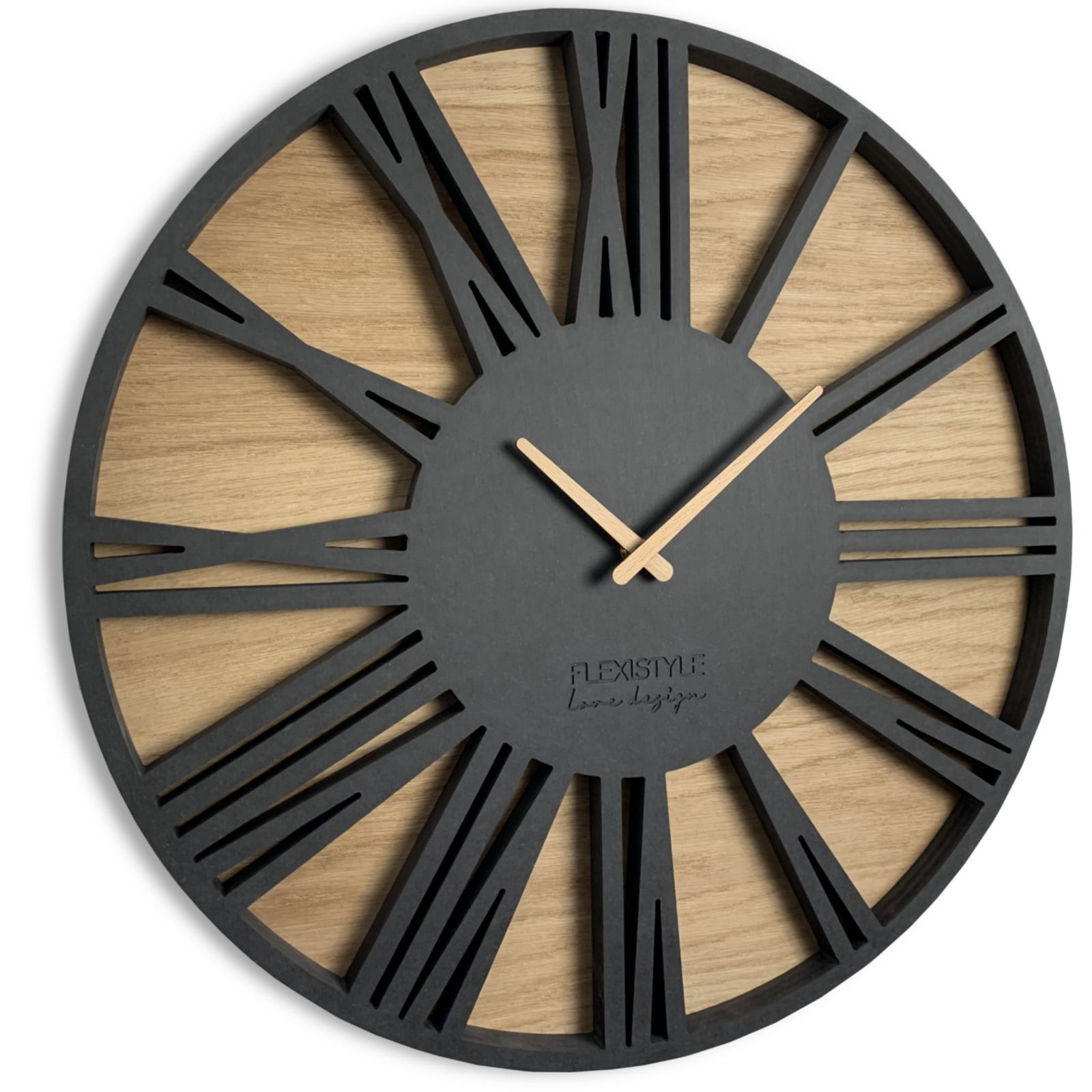 Nástěnné hodiny Roman Loft 50 cm se dřevem Antracit – Černé Flexistyle